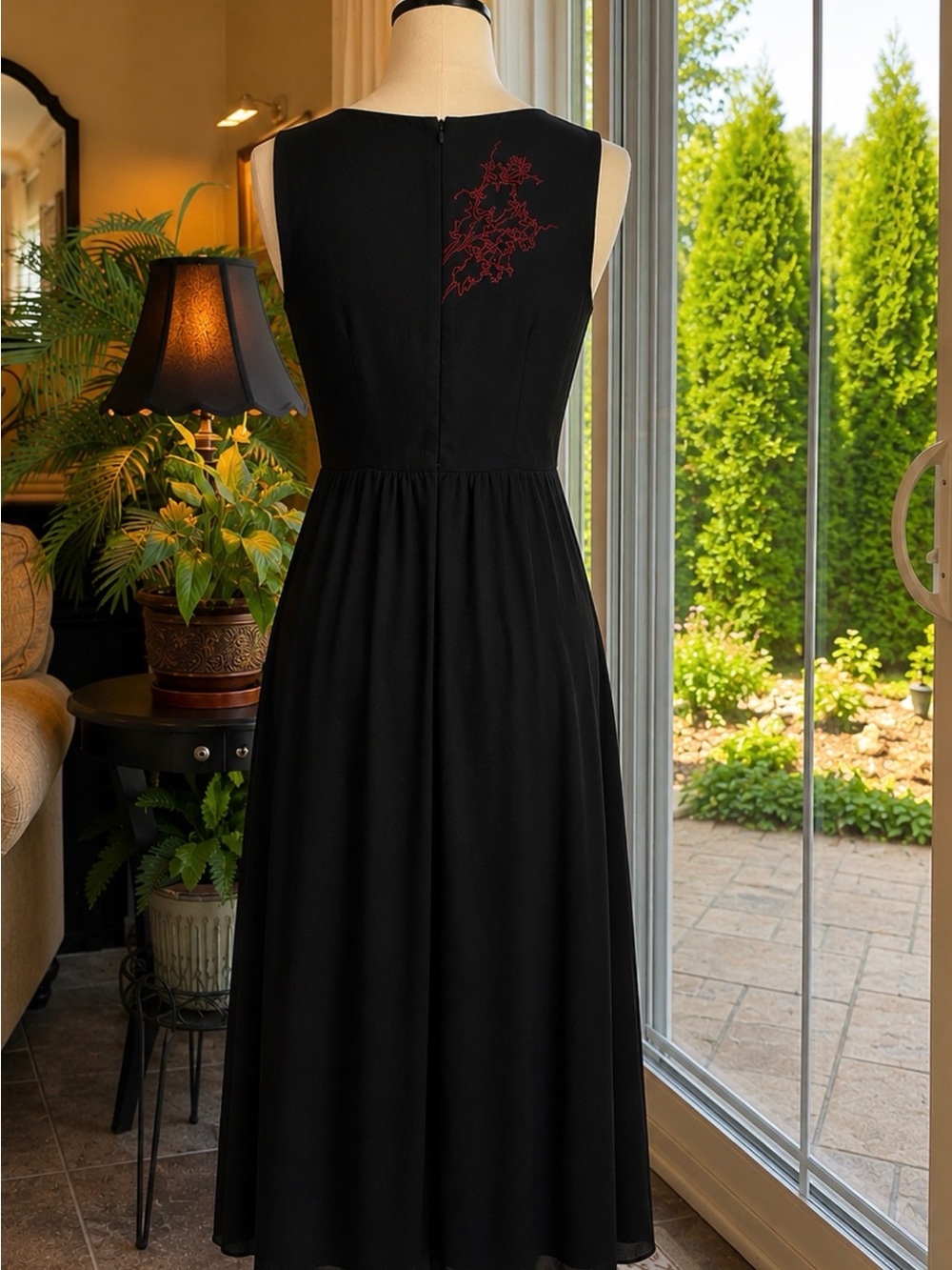 Soft Surroundings Black Midi Dress with Pink, Cream & Red Floral Embroidery - Picture 2 of 3